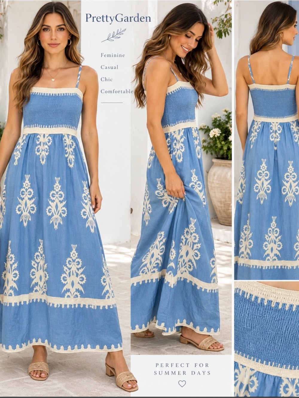 Título: PrettyGarden Women’s Blue & Ivory Smocked Maxi Dress Size M Boho Floral